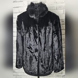 Simon Chang Black Faux Fur Velvet Coat Plush Collar Size 10 Chic